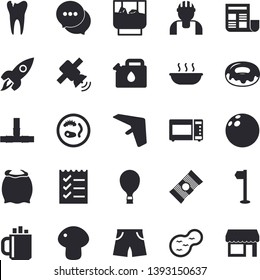 Solid vector icon set - builder flat vector, pipes, microwave, flour, spaghetti, mushroom, donut, soup, whiskey, pond, canister, chat, caries, coffee, document, to do list, rocket, satellit, balloon