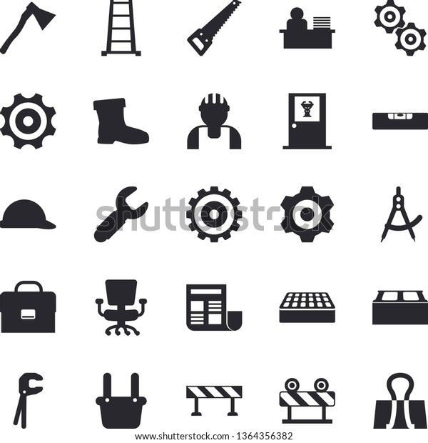 Solid vector icon set - builder flat vector,\
cogwheel, tool, saw, level meter, hard hat, brick, ax, barrier,\
ladder, gumboots, dividers, wrench, metallurgy, briefcase,\
document, office chair,\
worker