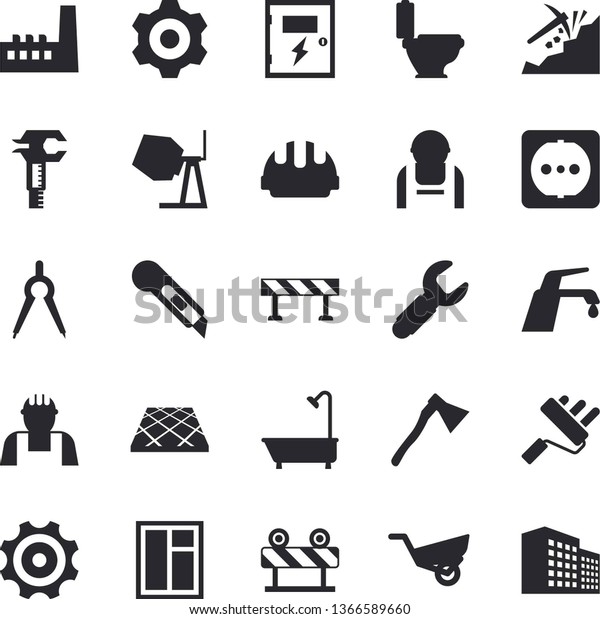Solid vector icon set - builder flat vector,\
window, concrete mixer, cogwheel, paint roller, toilet, shower,\
sockets, hard hat, switch box, stationery knife, flooring, ax,\
barrier, faucet,\
dividers