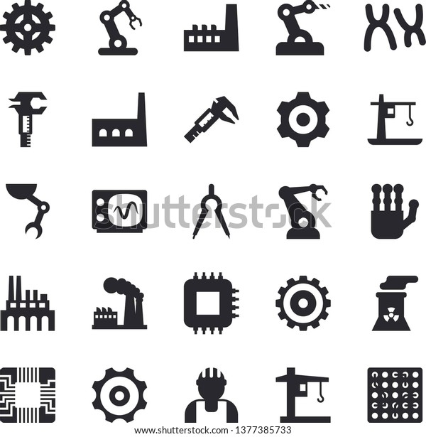 Solid vector icon set - builder flat vector,
cogwheel, trammel, factory, manufactory, plant, crane, motherboard,
robotics, dividers, chromosomes, robot hand, nuclear power,
oscilloscope, industrial