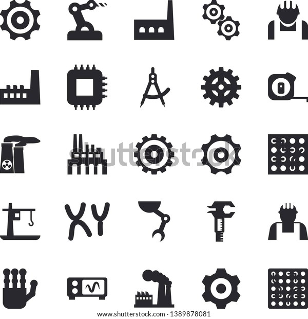 Solid vector icon set - builder flat vector,\
cogwheel, tape measure, factory, manufactory, plant, construction\
worker, crane, motherboard, dividers, trammel, chromosomes, robot\
hand, nuclear power