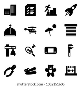 Solid vector icon set - building vector, list, career, rocket, crown, helicopter, beach, jalousie, ship bell, badminton, game console, side cutters, crocodile, bear toy, abacus