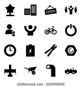 Solid vector icon set - building vector, open, team leader, winner, success, bike, standby button, clock, battery, bolt cutter, nut, milling, wheelbarrow, allen key, toy car