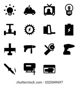 Solid vector icon set - bulb vector, electric car, tv news, business idea, gyroscope, sun power, water plant, battery, milling cutter, drill machine, Angular grinder, soldering iron, jig saw