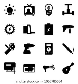 Solid vector icon set - bulb vector, tv news, business idea, gyroscope, sun power, water plant, battery, drill machine, Angular grinder, multimeter, soldering iron, jig saw, generator, dryer, guitar