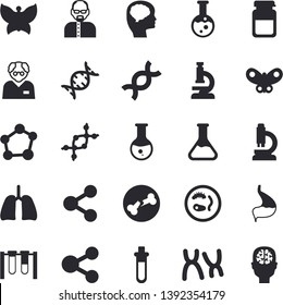 Solid vector icon set - butterflies flat vector, chemistry, molecules, medical analysis, DNA, chromosomes, bone fracture, stomach, lungs, flask, molecule, microscope, scientist, beakers, Petri dish