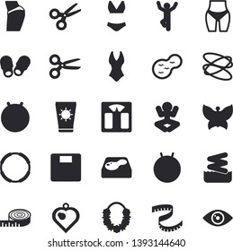Solid vector icon set - butterflies flat vector, pond, pool, weighing machine, centimeter, buttocks, waistline, fitball, swimsuit, yoga, gymnastics, hoop, sun protection cream fector, aquapark, eye