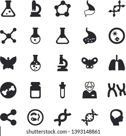 Solid vector icon set - butterflies flat vector, chemistry, molecules, medical analysis, DNA, chromosomes, bone fracture, stomach, lungs, flask, molecule, microscope, scientist, beakers, Petri dish