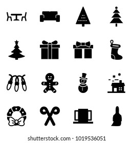 Solid vector icon set - cafe vector, vip waiting area, christmas tree, gift, sock, garland, cake man, snowman, house, wreath, santa stick, doors, brush
