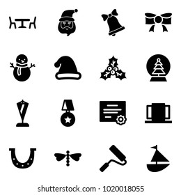 Solid vector icon set - cafe vector, santa claus, bell, bow, snowman, christmas hat, holly, snowball tree, pennant, star medal, certificate, doors, luck, dragonfly, paint roller, sailboat toy
