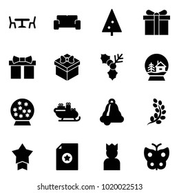 Solid vector icon set - cafe vector, vip waiting area, christmas tree, gift, holly, snowball house, santa sleigh, bell, golden branch, star medal, certificate, king, butterfly