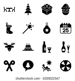 Solid vector icon set - cafe vector, christmas tree, gift, santa claus, sock, Magic wand, ball, 25 dec calendar, deer, cake, wine, stick, merry message, beach, parasol