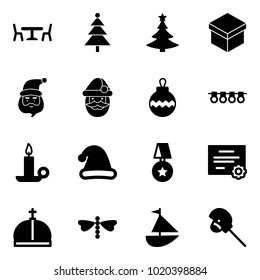 Solid vector icon set - cafe vector, christmas tree, gift, santa claus, ball, garland, candle, hat, star medal, certificate, crown, dragonfly, sailboat toy, horse stick