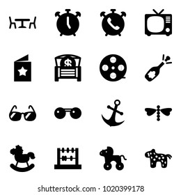 Solid vector icon set - cafe vector, alarm clock, phone, tv, star postcard, money chest, film coil, fizz opening, sunglasses, anchor, dragonfly, rocking horse, abacus, wheel, toy