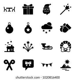 Solid vector icon set - cafe vector, gift, santa claus, Magic wand, christmas ball, snowfall, gloves, house, firework, sleigh, wreath, stick, bow message, flag garland, pyramid