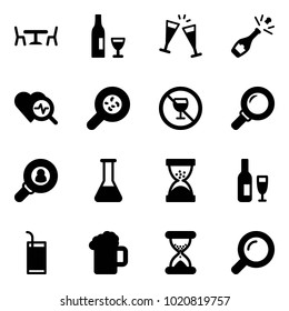 Solid vector icon set - cafe vector, wine, glasses, champagne, heart diagnosis, bacteria, no alcohol sign, magnifier, head hunter, flask, sand clock, drink, beer