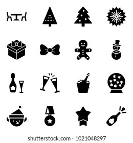 Solid vector icon set - cafe vector, christmas tree, firework, gift, bow, cake man, snowman, wine, glasses, champagne, snowball, elf, star medal, fizz opening