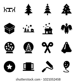 Solid vector icon set - cafe vector, christmas tree, gift, landscape, house, angel, snowball, santa stick, bell, star medal, doors, paint roller, balloon smile