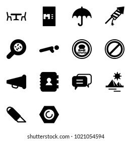 Solid vector icon set - cafe vector, coffee machine, insurance, firework rocket, bacteria, push ups, no dangerous cargo road sign, parking, speaker horn, contact book, dialog, pyramid, work knife