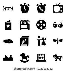 Solid vector icon set - cafe vector, alarm clock, phone, tv, star postcard, money chest, film coil, sunglasses, woman hat, photo, ship bell, dragonfly, jointer, rocking horse, abacus, toy
