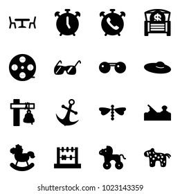 Solid vector icon set - cafe vector, alarm clock, phone, money chest, film coil, sunglasses, woman hat, ship bell, anchor, dragonfly, jointer, rocking horse, abacus, wheel, toy