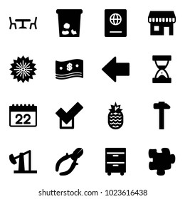 Solid vector icon set - cafe vector, trash, passport, duty free, firework, cash, left arrow, sand clock, calendar, check, pineapple, hammer, oil derrick, side cutters, tool cabinet, puzzle