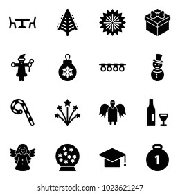 Solid vector icon set - cafe vector, christmas tree, firework, gift, santa claus, ball, garland, snowman, lollipop, angel, wine, snowball, graduate hat, gold medal