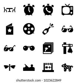 Solid vector icon set - cafe vector, alarm clock, phone, tv, star postcard, film coil, fizz opening, sunglasses, photo, ship bell, dragonfly, jointer, abacus, toy horse