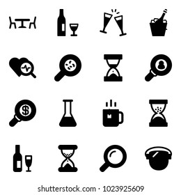 Solid vector icon set - cafe vector, wine, glasses, champagne, heart diagnosis, bacteria, sand clock, head hunter, search money, flask, green tea, magnifier, protect glass
