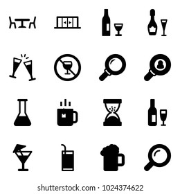 Solid vector icon set - cafe vector, automatic doors, wine, glasses, no alcohol sign, magnifier, head hunter, flask, green tea, sand clock, drink, beer