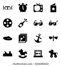 Solid vector icon set - cafe vector, alarm clock, tv, star postcard, film coil, fizz opening, sunglasses, woman hat, photo, anchor, dragonfly, jointer, rocking horse, abacus, wheel