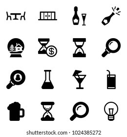 Solid vector icon set - cafe vector, automatic doors, wine, champagne, snowball house, account history, sand clock, magnifier, head hunter, flask, drink, beer, bulb