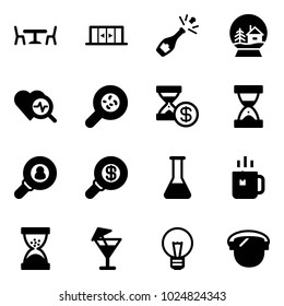 Solid vector icon set - cafe vector, automatic doors, champagne, snowball house, heart diagnosis, bacteria, account history, sand clock, head hunter, search money, flask, green tea, drink, bulb