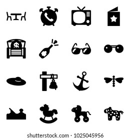Solid vector icon set - cafe vector, phone alarm, tv, star postcard, money chest, fizz opening, sunglasses, woman hat, ship bell, anchor, dragonfly, jointer, rocking horse, wheel, toy