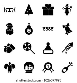 Solid vector icon set - cafe vector, christmas tree, gift, santa claus, ball, garland, bell, gloves, lollipop, hat, firework rocket, angel, snowball house, gold medal, fizz opening
