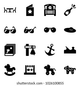 Solid vector icon set - cafe vector, star postcard, money chest, fizz opening, sunglasses, woman hat, photo, ship bell, anchor, jointer, rocking horse, abacus, wheel, toy