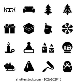 Solid vector icon set - cafe vector, vip waiting area, christmas tree, gift, glove, snowflake, candle, hat, snowball house, santa sleigh, bell, paint roller, russian doll