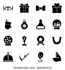 Solid vector icon set - cafe vector, gift, bow, christmas glove, ball, hat, snowball house, pennant, star medal, luck, crown, scythe, balloon smile, sailboat toy