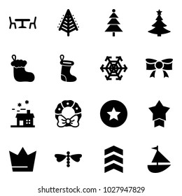 Solid vector icon set - cafe vector, christmas tree, sock, snowflake, bow, house, wreath, star medal, crown, dragonfly, chevron, sailboat toy