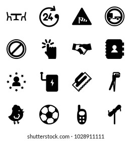 Solid vector icon set - cafe vector, 24 hours, side wind road sign, no trailer, parking, hand touch, agreement, contact book, star man, power bank, trowel, plumber, chicken toy, soccer ball, phone