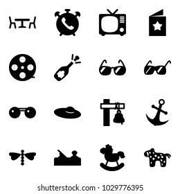 Solid vector icon set - cafe vector, phone alarm, tv, star postcard, film coil, fizz opening, sunglasses, woman hat, ship bell, anchor, dragonfly, jointer, rocking horse, toy