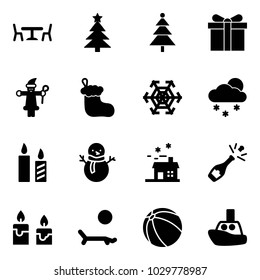 Solid vector icon set - cafe vector, christmas tree, gift, santa claus, sock, snowflake, snowfall, candle, snowman, house, champagne, lounger, ball, toy boat
