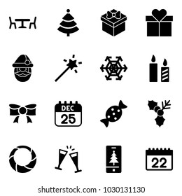 Solid vector icon set - cafe vector, christmas tree, gift, santa claus, Magic wand, snowflake, candle, bow, 25 dec calendar, candy, holly, wreath, wine glasses, mobile
