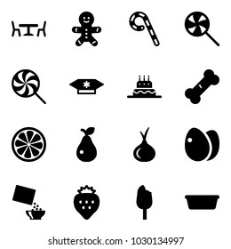 Solid vector icon set - cafe vector, cake man, lollipop, candy, broken bone, lemon slice, pear, onion, eggs, cereal, strawberry, ice cream, basin
