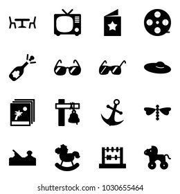 Solid vector icon set - cafe vector, tv, star postcard, film coil, fizz opening, sunglasses, woman hat, photo, ship bell, anchor, dragonfly, jointer, rocking horse, abacus, wheel