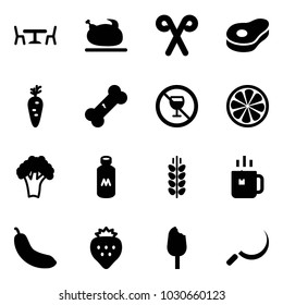 Solid vector icon set - cafe vector, turkey, santa stick, meat, carrot, broken bone, no alcohol sign, lemon slice, broccoli, milk, spica, green tea, banana, strawberry, ice cream, sickle