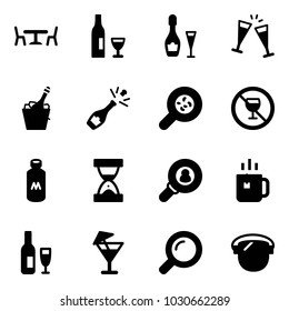 Solid vector icon set - cafe vector, wine, glasses, champagne, bacteria, no alcohol sign, milk, sand clock, head hunter, green tea, drink, magnifier, protect glass