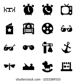 Solid vector icon set - cafe vector, alarm clock, phone, tv, star postcard, money chest, film coil, sunglasses, ship bell, anchor, dragonfly, jointer, rocking horse, abacus