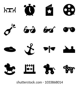 Solid vector icon set - cafe vector, alarm clock, star postcard, film coil, fizz opening, sunglasses, woman hat, anchor, dragonfly, jointer, rocking horse, abacus, wheel, toy