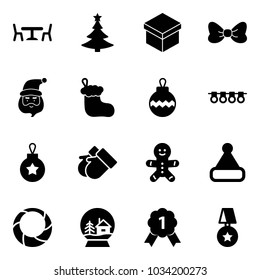 Solid vector icon set - cafe vector, christmas tree, gift, bow, santa claus, sock, ball, garland, gloves, cake man, hat, wreath, snowball house, gold medal, star